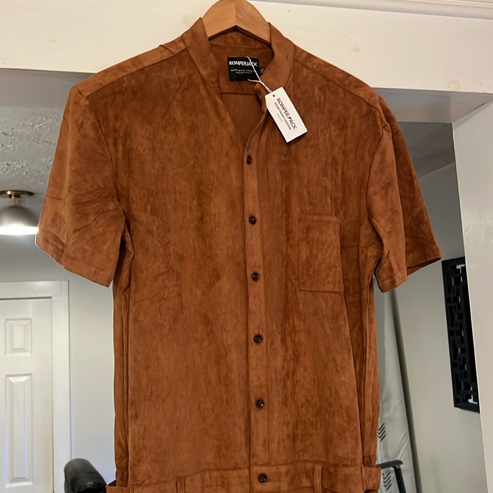 Men's Brown Short-Sleeve Button Front Romper